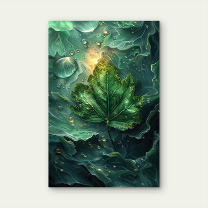 Digital Illustration of Green Leaf with Water Droplets 60x90cm Metal Print Ready to Hang