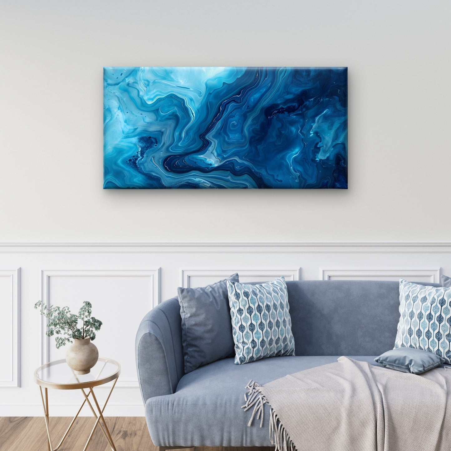 Navy Teal Fluid Swirl Painting Wall Art Canvas Office Home Framed 120x60cm