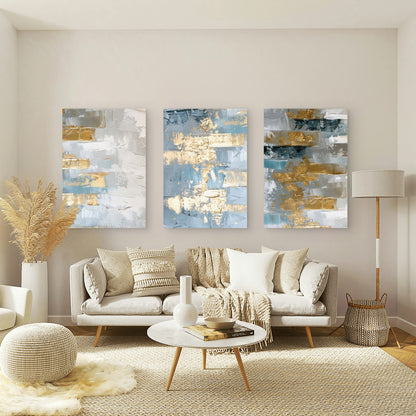 3pcs Blue Gold Metallic Textured Abstract Modern  Wall Art Set Canvas Framed 60x90cm - High Quality Print 100% Australian Made Wall Canvas Ready to Hang