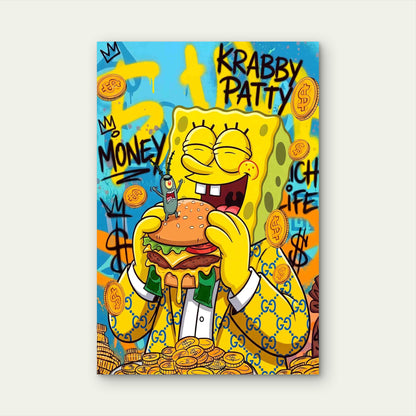 Street Art Yellow Sponge Burger Designer Suit 60x90cm Metal Print Ready to Hang