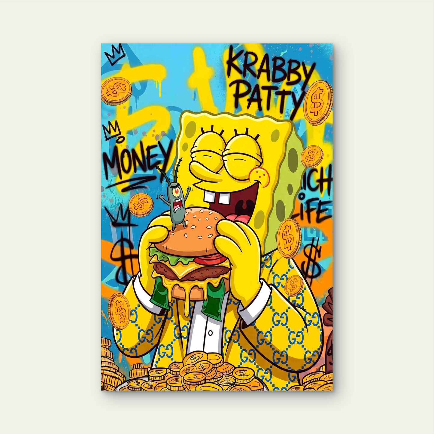 Street Art Yellow Sponge Burger Designer Suit 40x60cm Metal Print Ready to Hang