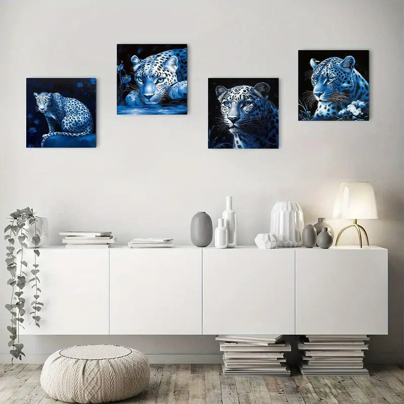 4pcs Snow Leopard & Blue Rose Wall Art Canvas Framed