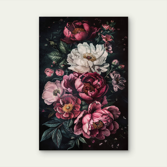 Moody Vintage Floral Peony Rose Painting 40x60cm Metal Print Ready to Hang