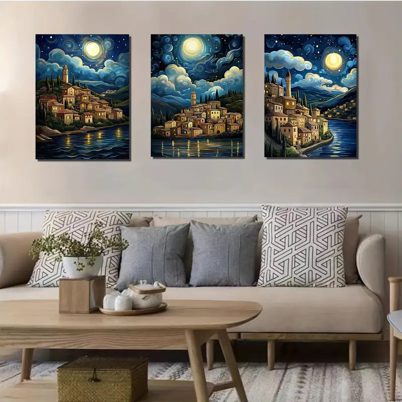 3pcs The Italian Town Of Sanellino Under Moonlight Metal Print Ready to Hang Art