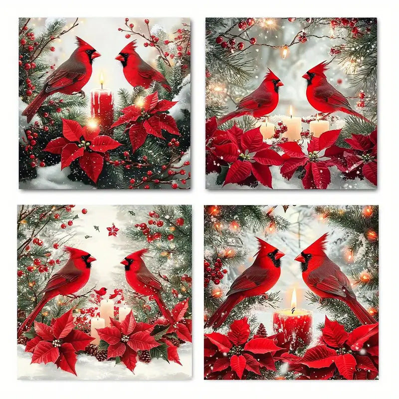 4pcs Cardinal Birds for home Wall Art Canvas Framed