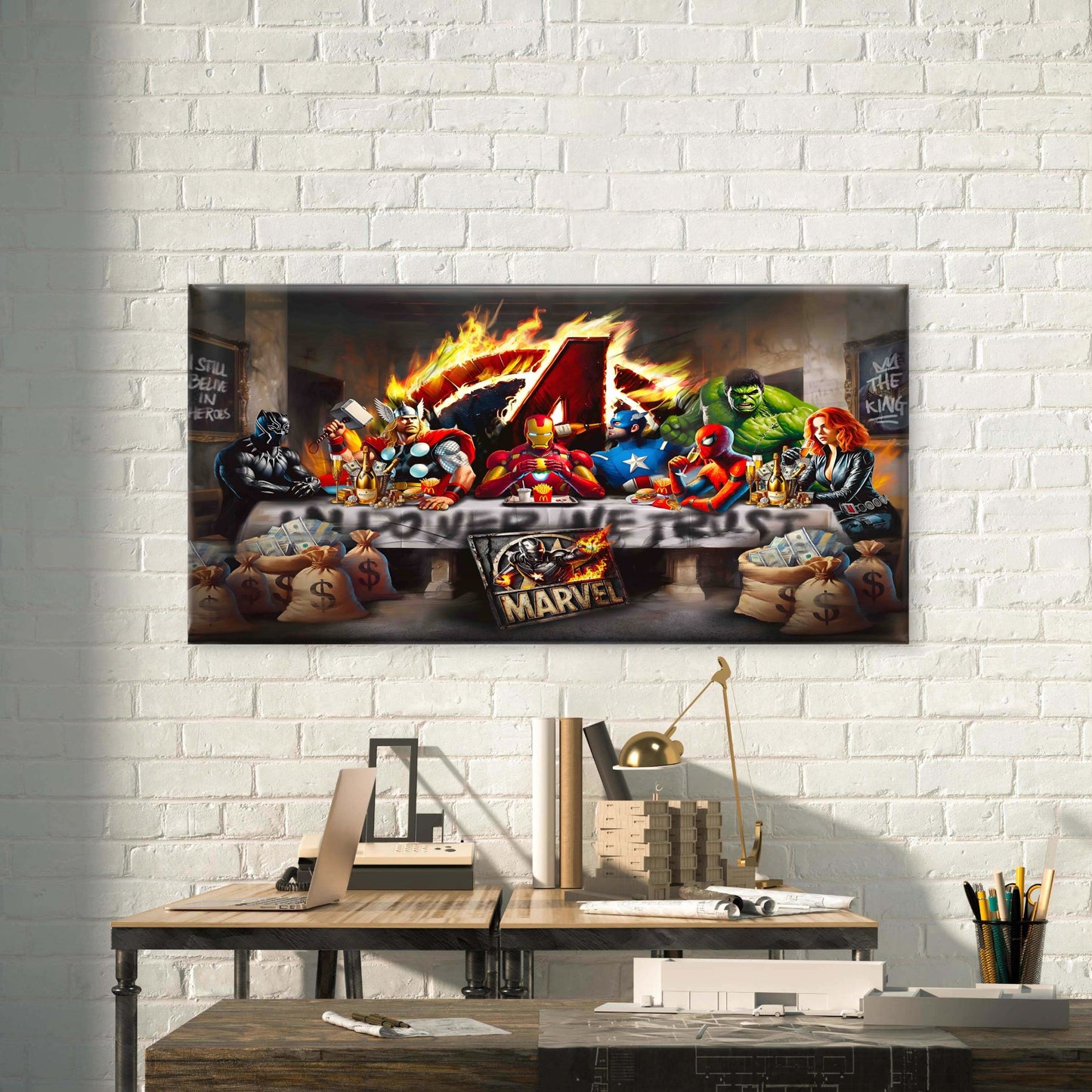 Epic Heroes Last Supper Wall Art Canvas Office Home Room Framed 120x60cm - Bella Home Decor