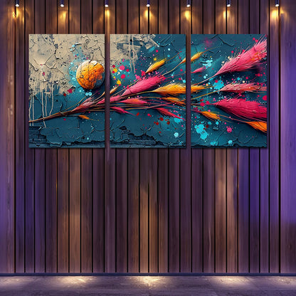 3pcs Stylized Reeds with a Circular Element Wall Art Set Canvas Framed 50x70cm - High Quality Print 100% Australian Made Wall Canvas Ready to Hang