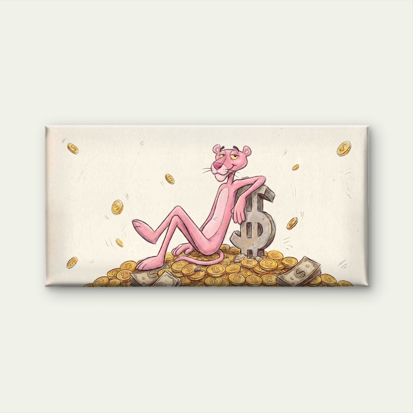 Pink Cat Money Illustration Wall Art Canvas Office Home Room Framed 120x60cm - Bella Home Decor