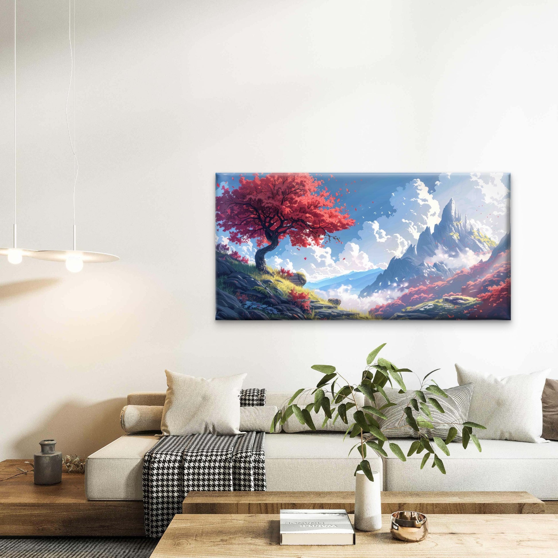 Mountain Landscape With Red Tre Wall Art Canvas Office Home Room Framed 120x60cm - Bella Home Decor