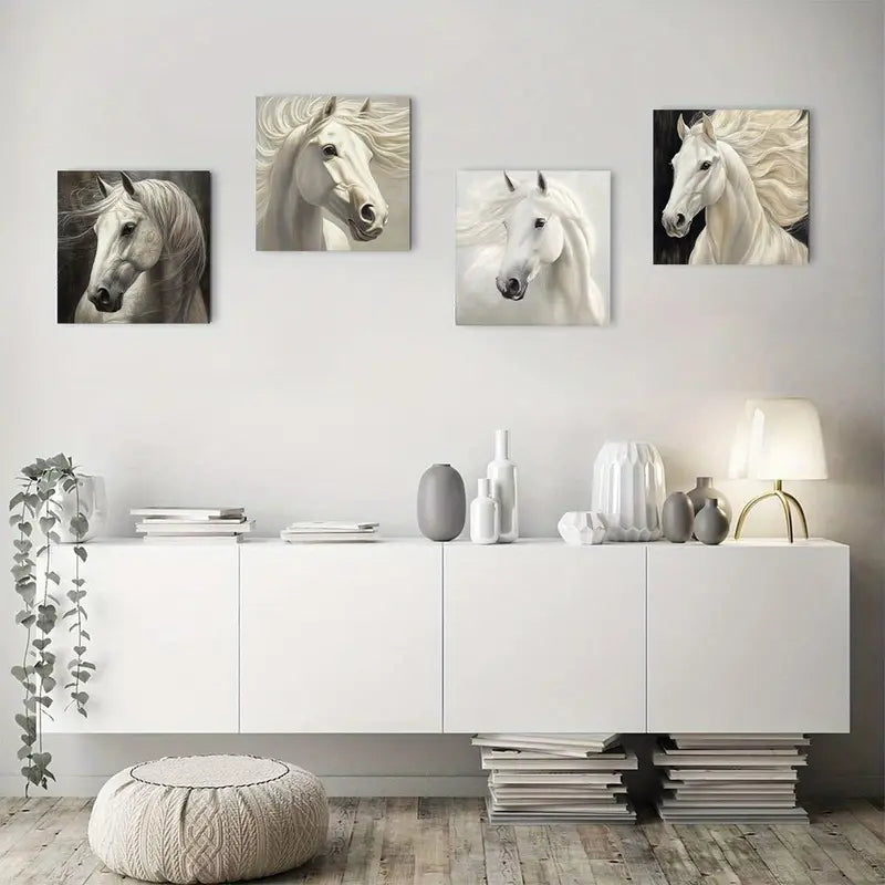 4pcs Majestic White Horse Rustic Wall Art Canvas Framed