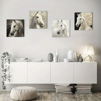 4pcs Majestic White Horse Rustic Wall Art Canvas Framed