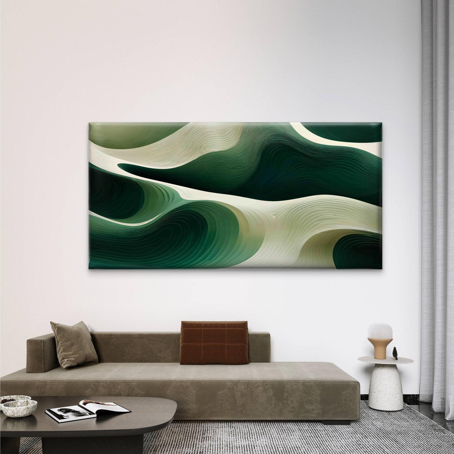 Green And Cream Abstract Waves Wall Art Canvas Office Home Room Framed 120x60cm