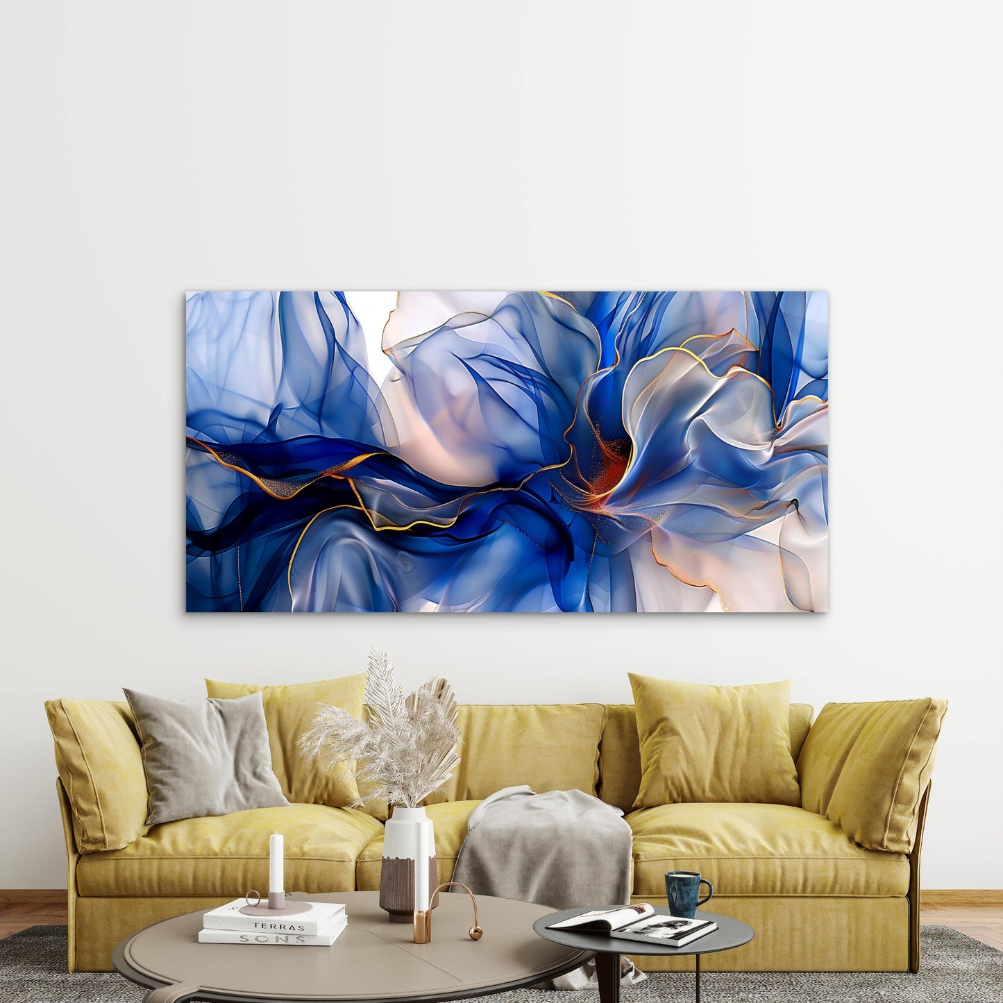 Abstract Blue Gold Swirls Wall Art Canvas Office Home Room Framed 120x60cm