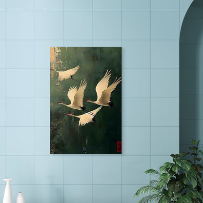 Four Red-Crowned Cranes 40x60cm Metal Print Ready to Hang - Bella Home Decor