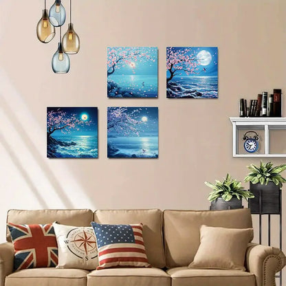 4pcs   Cherry Blossom Moonlit Night  DF     Wall Art Canvas Framed