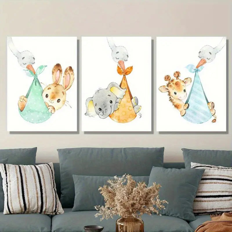3pcs Animal Elephant Giraffe Rabbit Hare Painting Metal Print Ready to Hang Art - Bella Home Decor