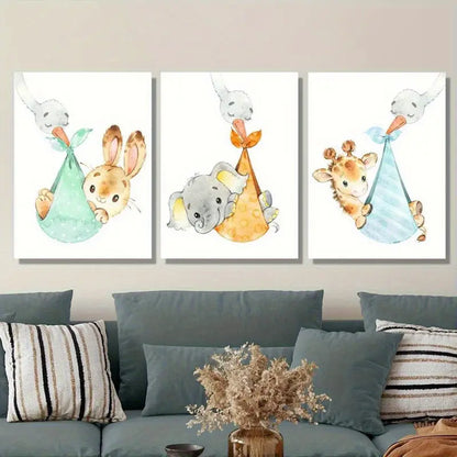 3pcs Animal Elephant Giraffe Rabbit Hare Painting Metal Print Ready to Hang Art - Bella Home Decor
