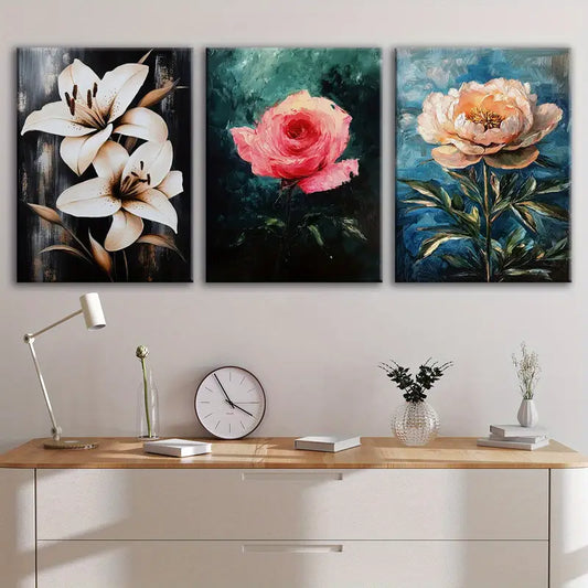 3pcs Elegant White Lilies, Pink Roses & Peonies Metal Print Ready to Hang Art