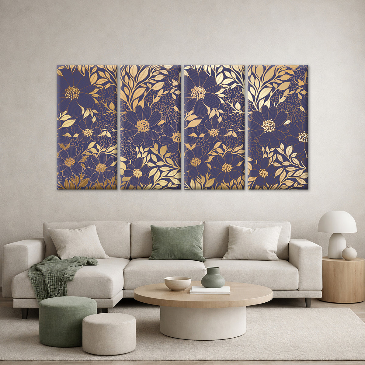4pcs Luxury Purple Gold Floral Leaf Pattern Wall Art Canvas Framed 45x80cm - High Quality Print 100% Australian Made Wall Canvas Ready to Hang