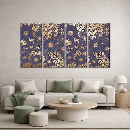 4pcs Luxury Purple Gold Floral Leaf Pattern Wall Art Canvas Framed 45x80cm - High Quality Print 100% Australian Made Wall Canvas Ready to Hang