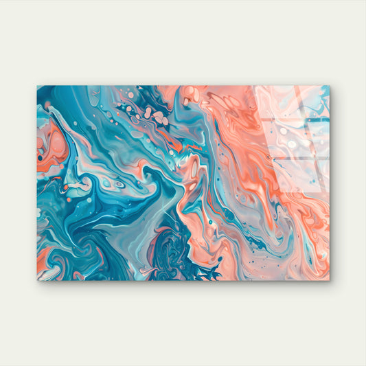 Abstract Teal Peach Marble Wave Glass Printing Wall Art Australian Made Quality