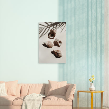 Three Seashells on White with Palm Shadow 40x60cm Metal Print Ready to Hang
