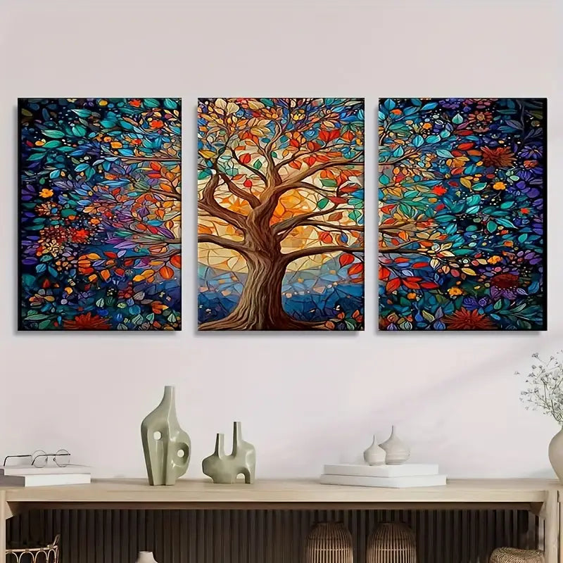 3pcs Vibrant Stained Glass-Style Metal Print Ready to Hang Art