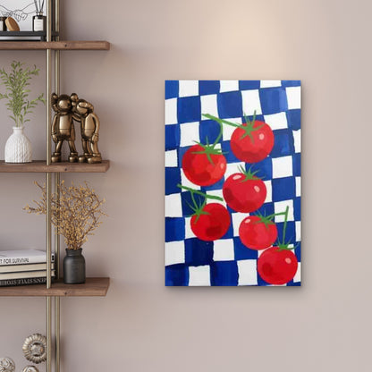 Blue & White Checkered Red Tomato Theme Retro Metal Print Ready to Hang