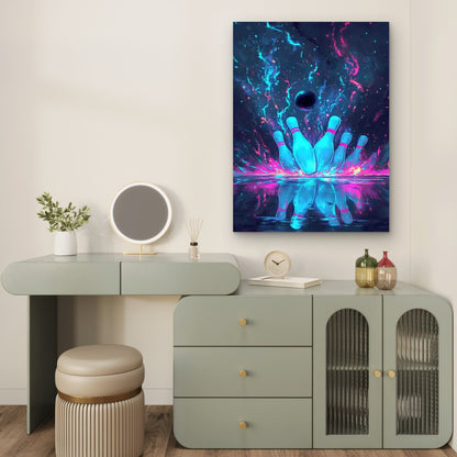 Bowling Art with Electric Blue & Pink Lightning Effects 60x90cm Metal Print Ready to Hang - Bella Home Decor