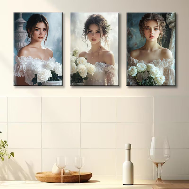 3pcs Elegant Girl with Bouquet Wall Art Set Canvas Framed 40x60cm - High Quality Print 100 % Australian Made Wall Canvas Ready to Hang