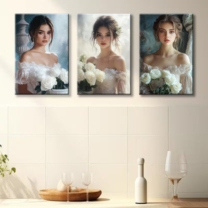3pcs Elegant Girl with Bouquet Wall Art Set Canvas Framed 40x60cm - High Quality Print 100 % Australian Made Wall Canvas Ready to Hang