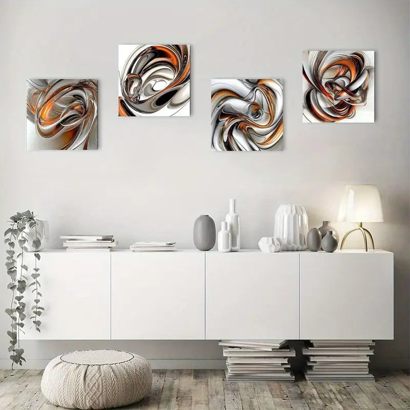 4pcs Vibrant Orange, White & Black  Wall Art Canvas Framed