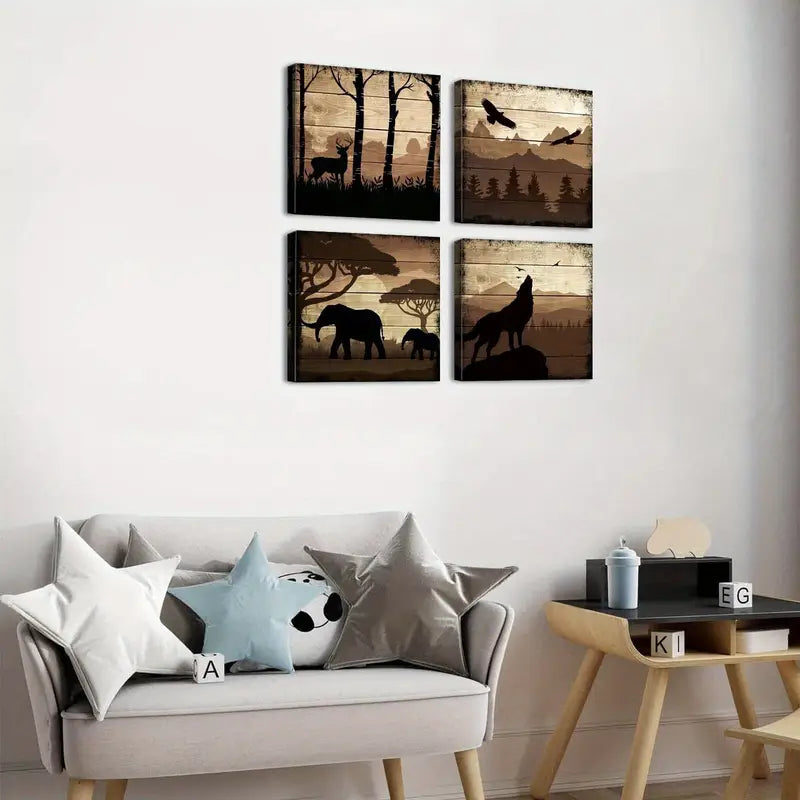 4pcs Wildlife  Deer Wolf Elephant  Wall Art Canvas Framed - Bella Home Decor