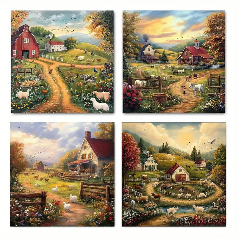 4pcsBeautiful Countryside View Wall Art Canvas Framed