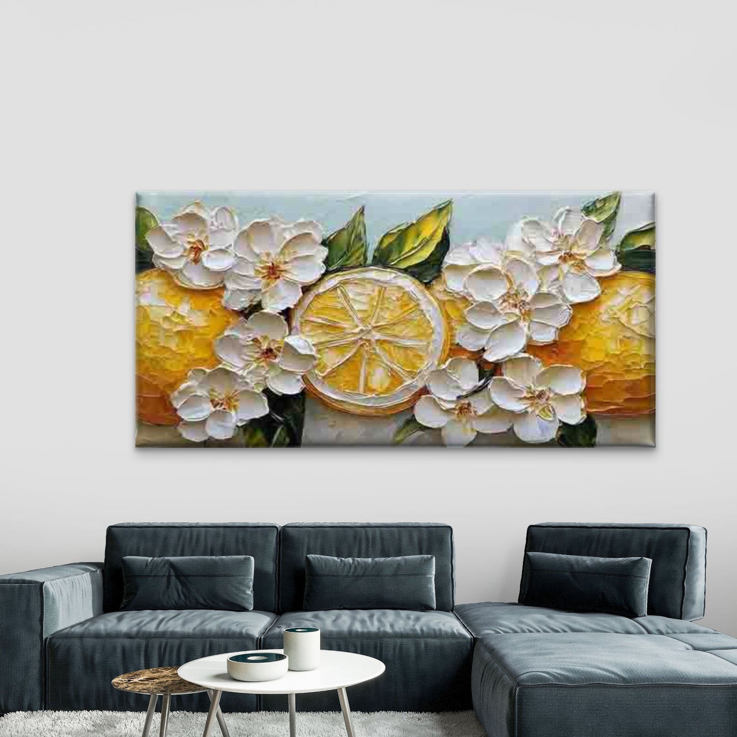 Lemons And White Flowers Wall Art Canvas Office Home Room Framed 120x60cm