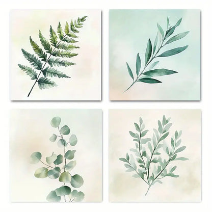 4pcs  Watercolor Eucalyptus & Fern Leaves Wall Art Canvas Framed