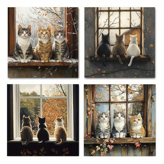4pcs Classic  Cats at a Window Picture   Wall Art Canvas Framed