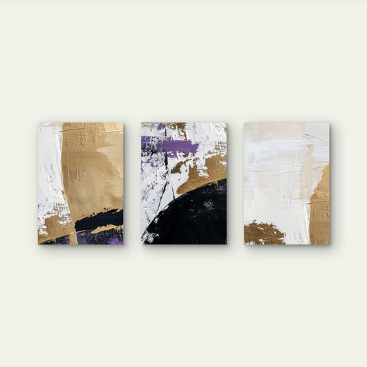 3pcs Modern Abstract Purple Gold Black Wall Art Set Canvas Framed 40x60cm - High Quality Print 100% Australian Made Wall Canvas Ready to Hang
