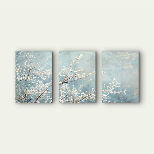 3pcs Frosted White Blossoms On Blue Sky Wall Art Set Canvas Framed 40x60cm - High Quality Print 100% Australian Made Wall Canvas Ready to Hang - Bella Home Decor