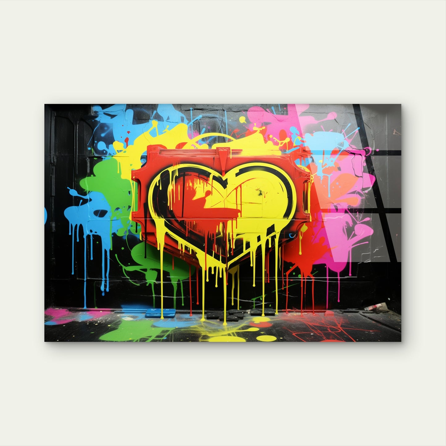 Vibrant Neon Spray Paint Drip Heart Acrylic Glass Printing Wall Art Australian Made Quality