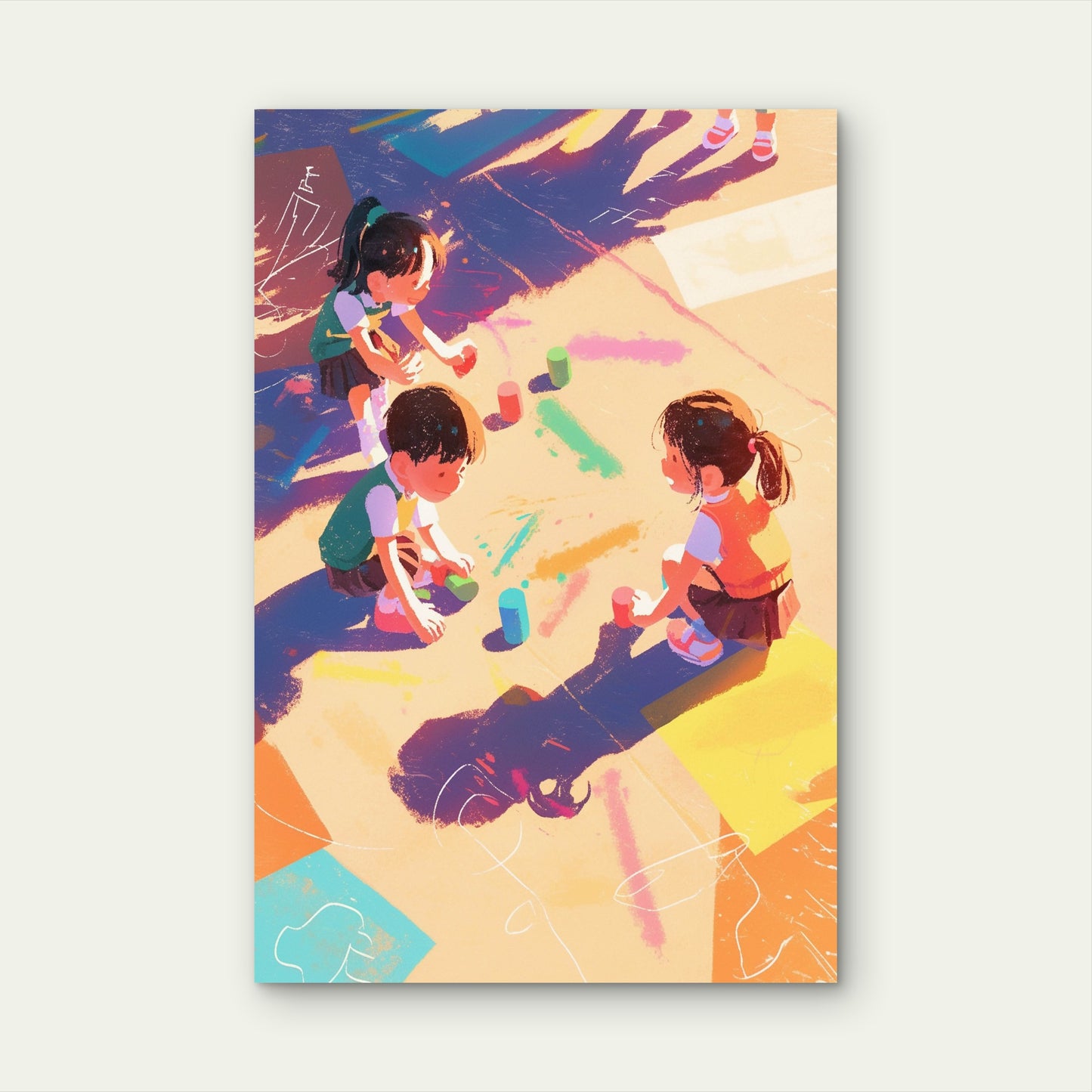 Children Playing With Chalk Outdoors 5mm thick Plastic Poster Ready to Hang 90x60cm