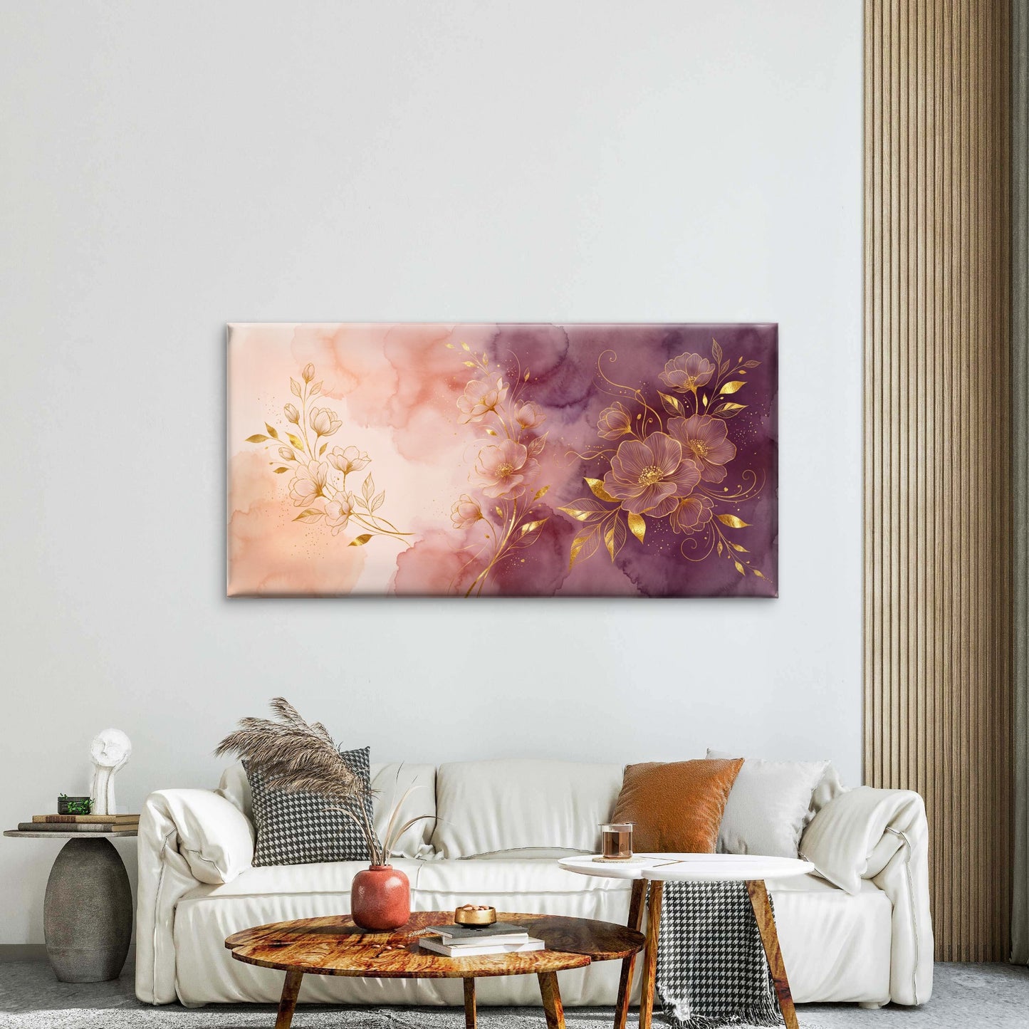 Golden Floral Line Art Watercolor Blush Plum Pink Wall Art Canvas Office Home Room Framed 120x60cm