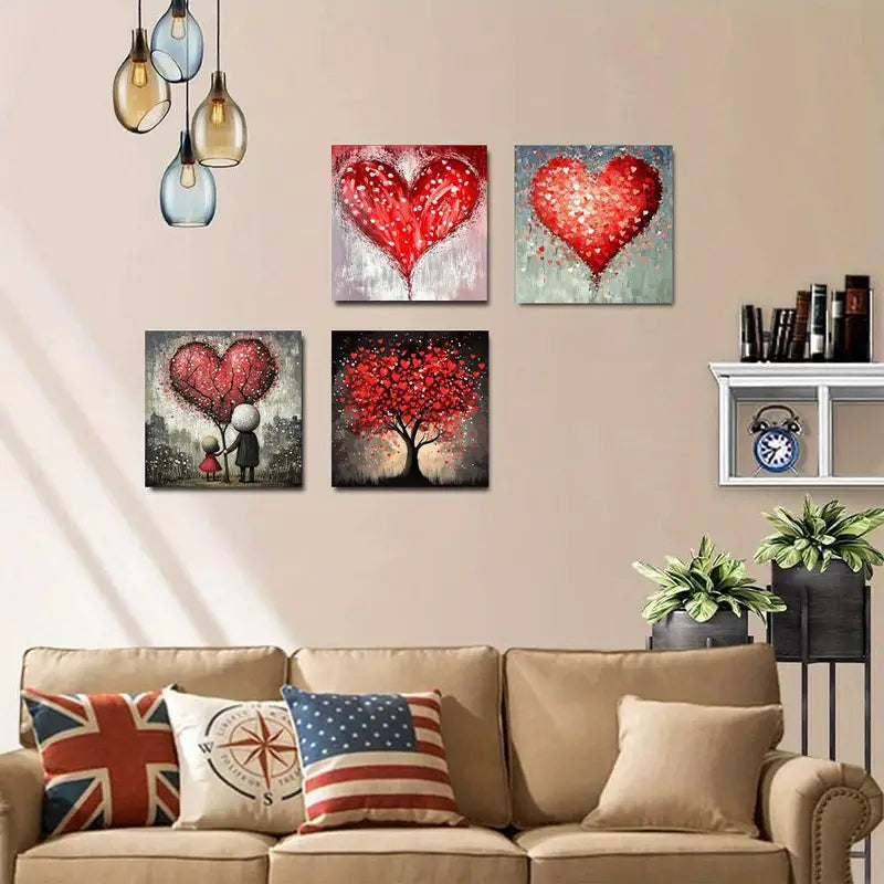 4pcs Red Love Tree Heart With Floral Wall Art Canvas Framed