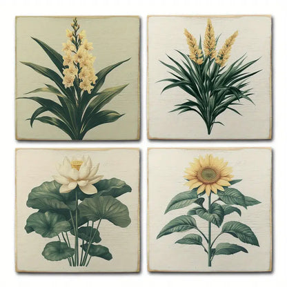 4pcs Green Leaves With Yellow Flowers Wall Art Canvas Framed