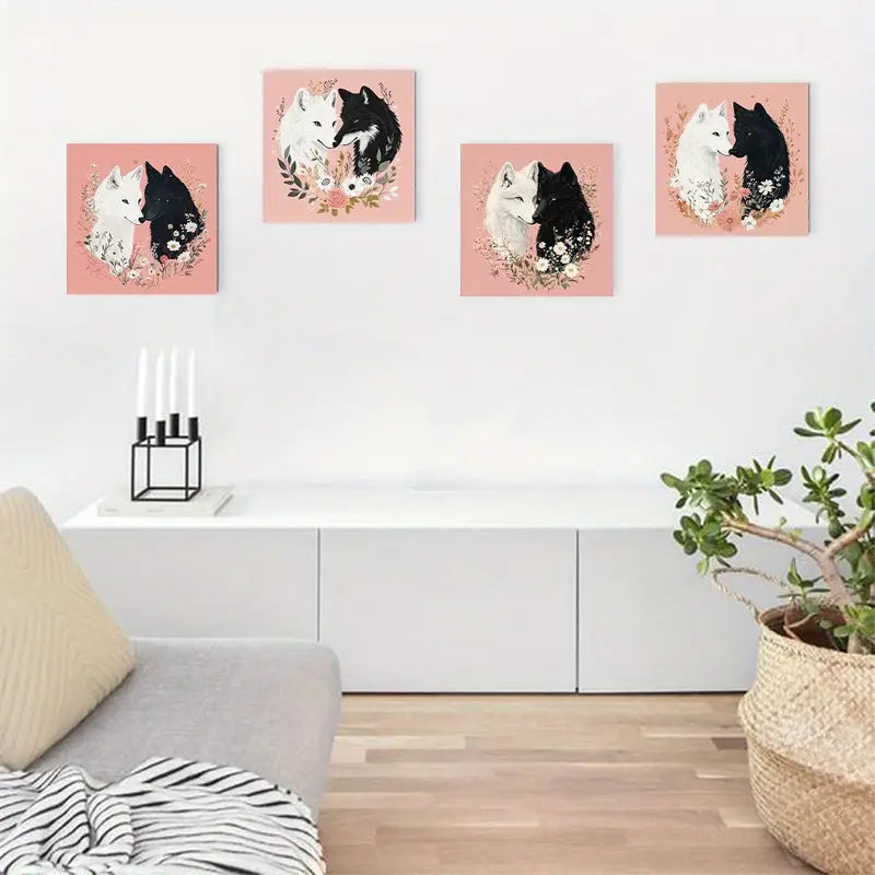 4pcs Black and White Wolves with Floral   Wall Art Canvas Framed