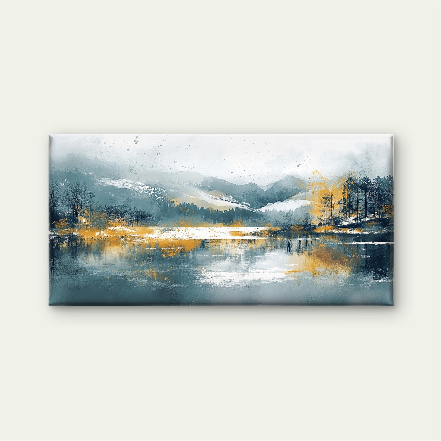 Mountain Lake Blue Grey Yellow Wall Art Canvas Office Home Room Framed 120x60cm