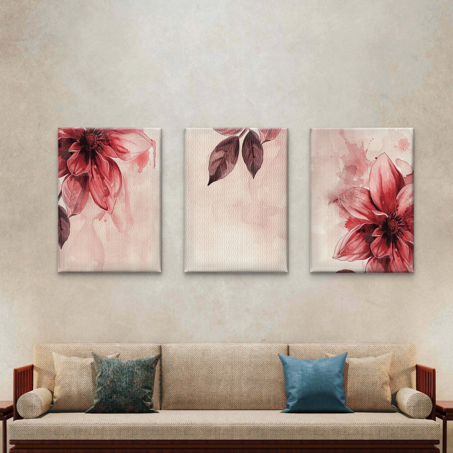 3pcs Vintage Blush Pink Red Floral Watercolor    Wall Art Set Canvas Framed 40x60cm - High Quality Print 100% Australian Made Wall Canvas Ready to Hang