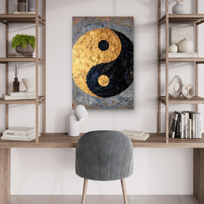 Golden Yin Yang Manga Style Taoist Zen Symbol 40x60cm Metal Print Ready to Hang - Bella Home Decor