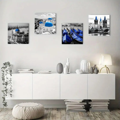 4pcs Black and gray beach Wall Art Canvas Framed