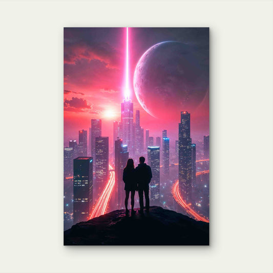 Cyberpunk Cityscape with Huge Planet 60x90cm Metal Print Ready to Hang